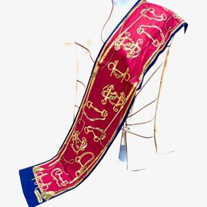 Riversable  Lancel Paris Silk Satin Scarf 54"x8"" red b;ue  gold chain  (78